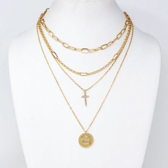 NEW 4 Layered Link Chain Sparkly Rhinestone Cross & Coin Pendant Gold Necklace - Picture 5 of 8